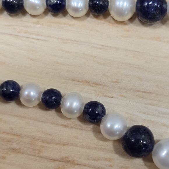 Lapis Lazuli and Pearl Graduated Bead Thread Strung 17" Necklace 14K GF Clasp - Picture 9 of 16